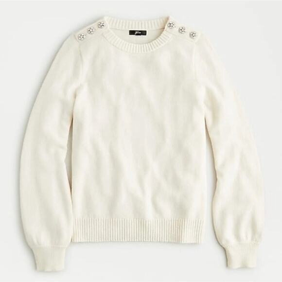 J. Crew Crewneck Sweater with Jeweled Buttons in Natural Ivory Sz M Lambswool - Picture 1 of 9